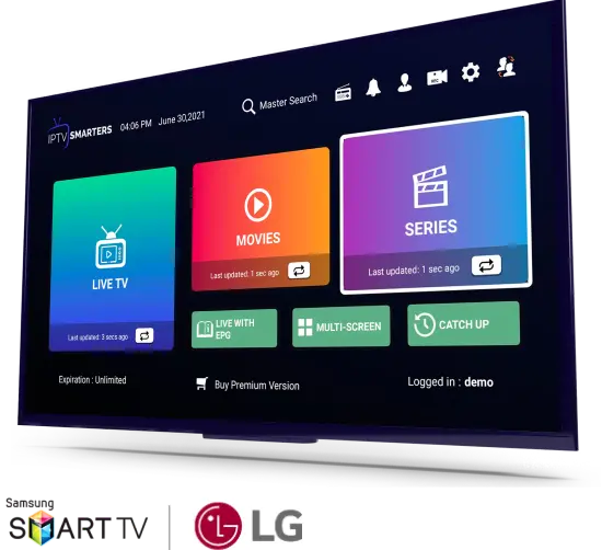 IPTV Smarters interface displayed on an LG Smart TV, showing live TV, movies, and series options.